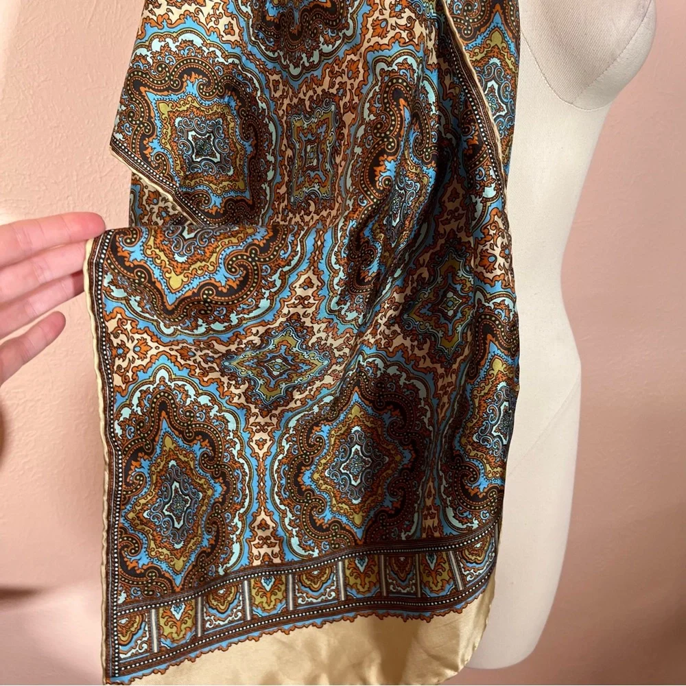 Vintage 1960 70 Burmel Mod Camel Brown blue Silk Made in Italy long Skinny Scarf